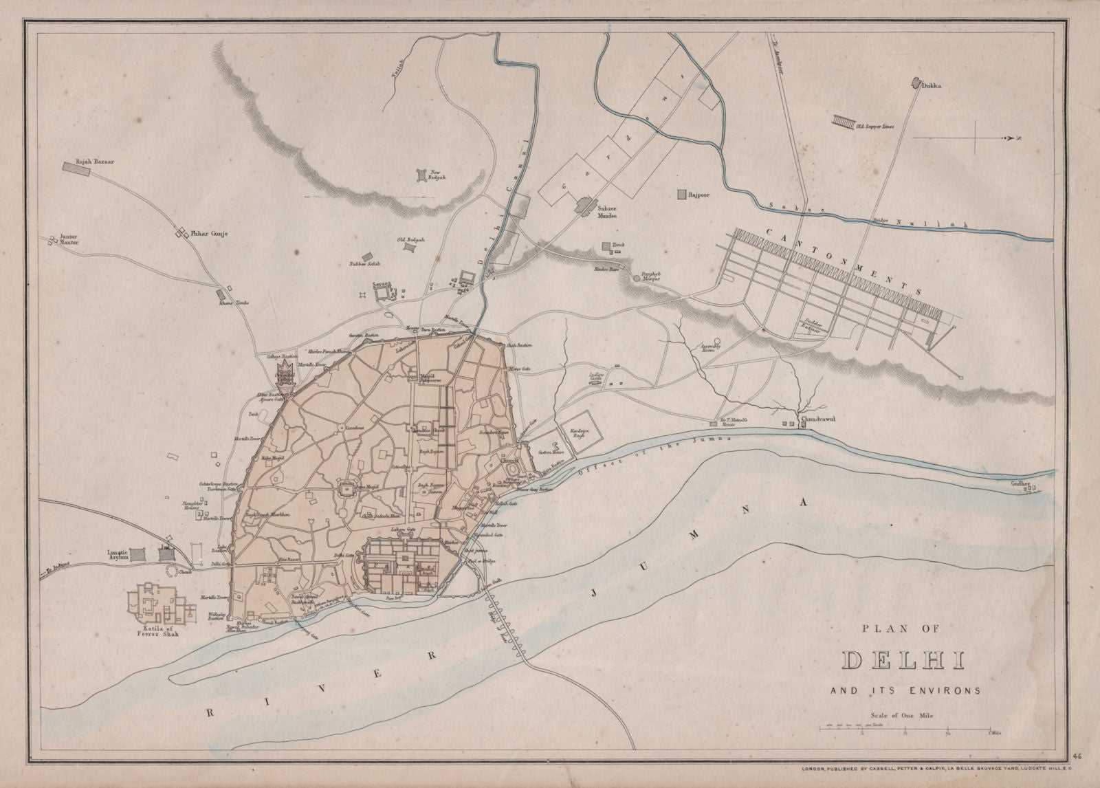 Town/city 'PLAN OF DELHI AND ITS ENVIRONS'. Cantonments. India. WELLER 1868 map
